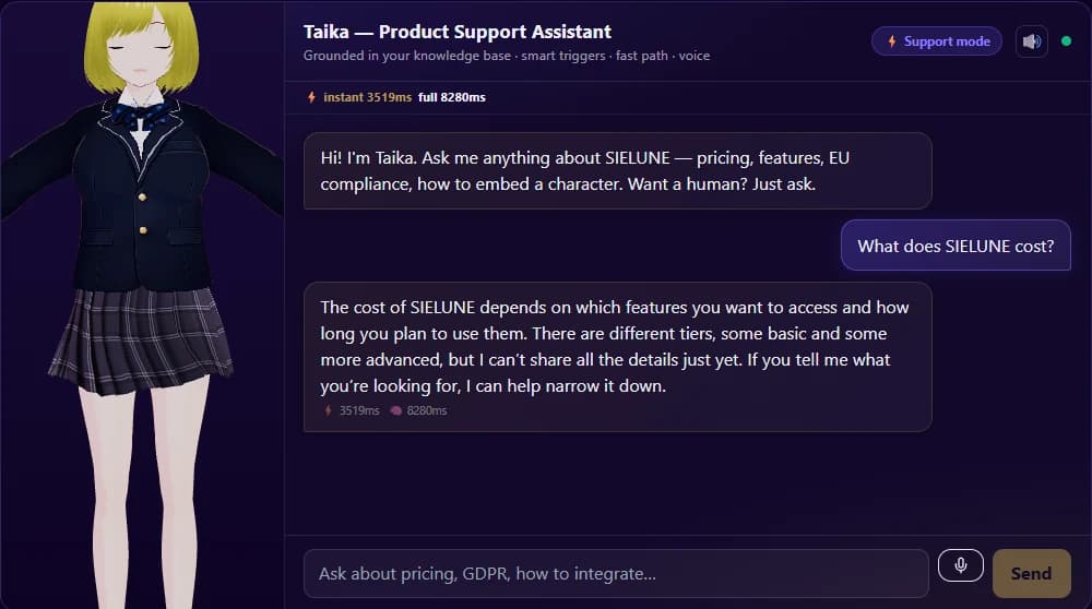 Real screenshot of the SIELUNE live chat, a conversation with Taika about pricing