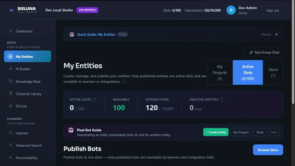 Real screenshot of the SIELUNE builder portal, My Entities screen